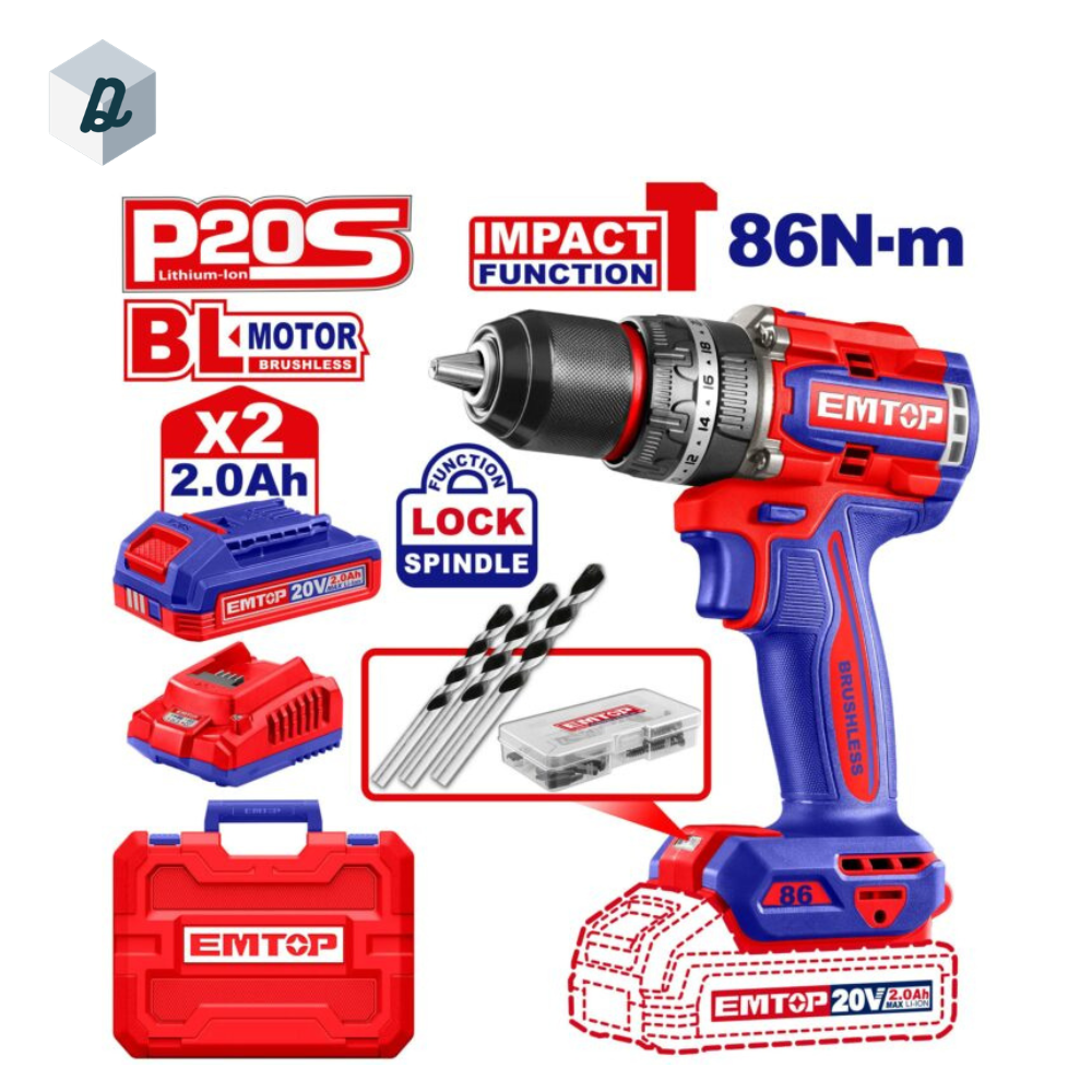 Visseuse et Perceuse à Percussion Sans Fil Brushless 20V 86Nm avec 2 Batteries & Chargeur EMTOP | ECIDL208687