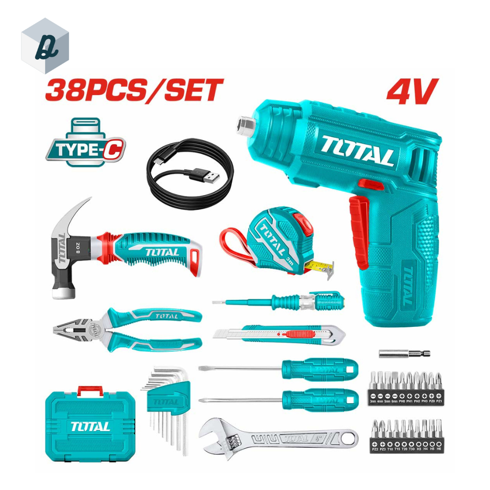 Coffret d'Outils Ménagers 38 Pièces avec Visseuse Sans Fil TOTAL | THKTHP10386