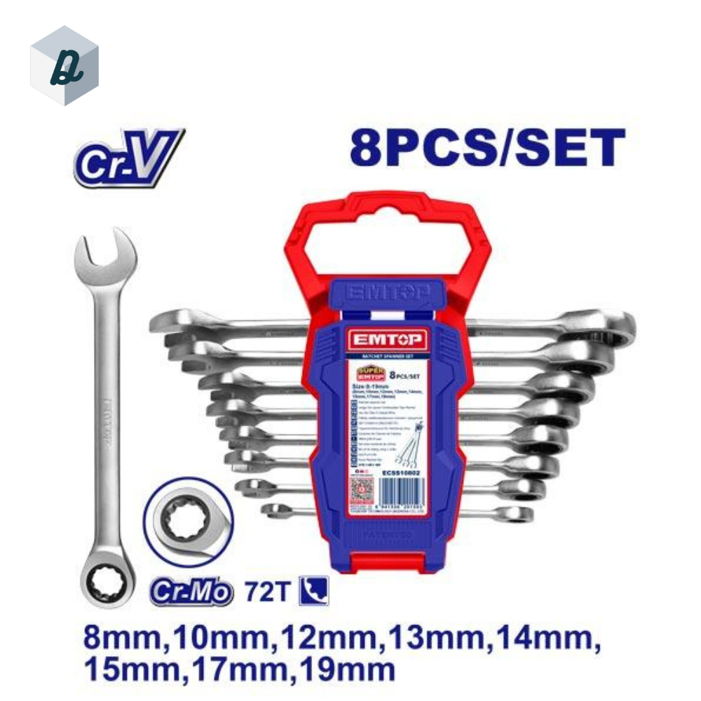 Jeux de clé mixte à cliquet 8pcs 8-19mm EMTOP | ECSS10802