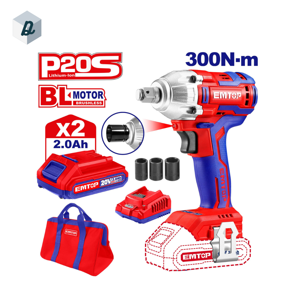 Clé à Chocs 20 V Avec 2 Batterie 2.0Ah Et Chargeur Avec 3 douilles EMTOP | ECDLIW20221