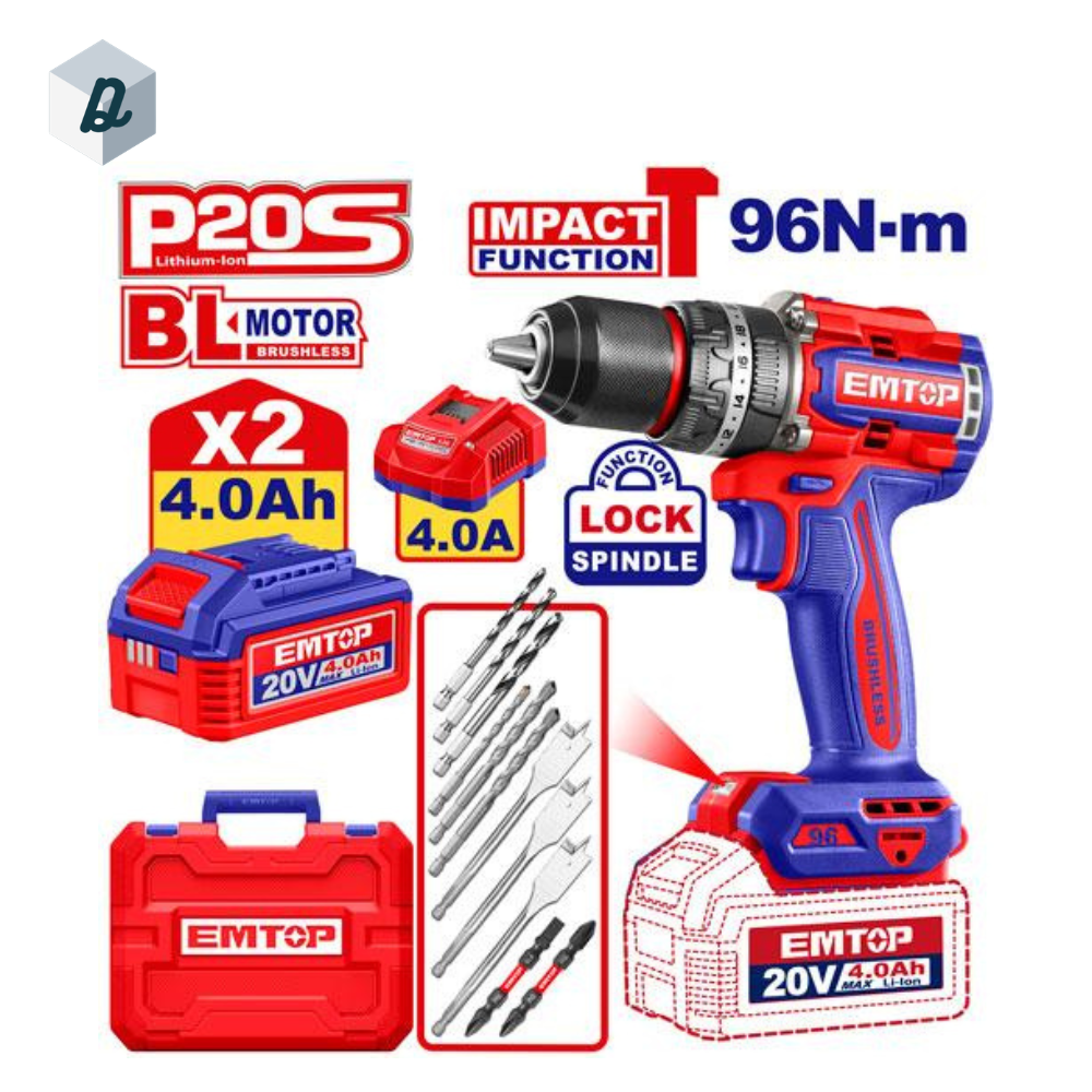 Visseuse et Perceuse à Percussion Sans Fil Brushless 20V 96Nm avec 2 Batteries & Chargeur EMTOP | ECIDL20968