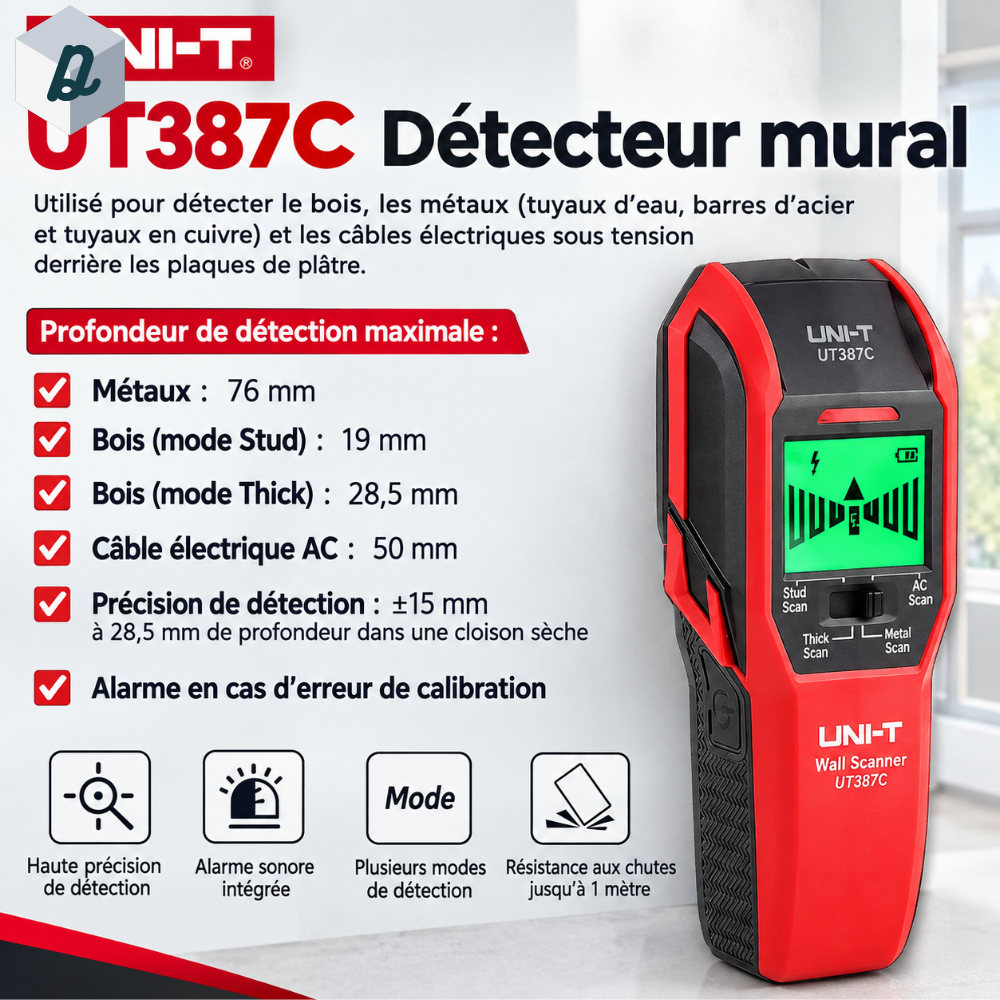 Détecteur mural UNI-t Détection bois, métaux et câbles électriques | UT387C