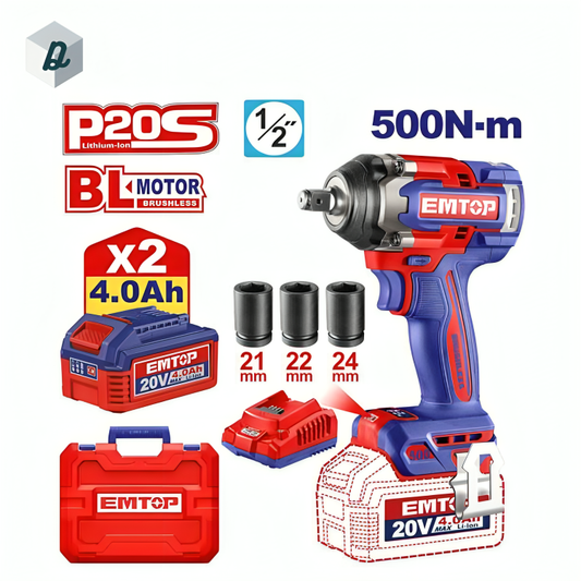 Clé à Choc Sans Fil Brushless 20V 500Nm avec 2 Batteries 4AH & Chargeur EMTOP | ECIWL2050