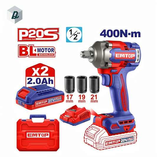 Clé à Choc Sans Fil Brushless 20V 400Nm avec 2 Batteries & Chargeur EMTOP | ECIWL2040
