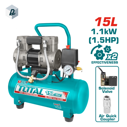 Compresseur d’air sans huile 15L 1100W 1.5HP TOTAL | TCS1110152