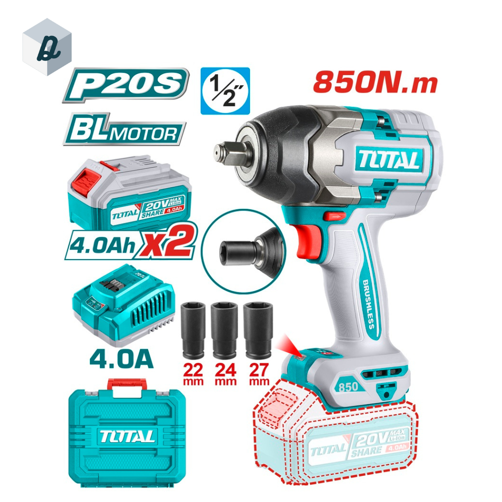 Clé à chocs sans fil avec batterie Li-ion 20 V / 4 Ah / 850 Nm / 2 batteries TOTAL | TIWLI2085