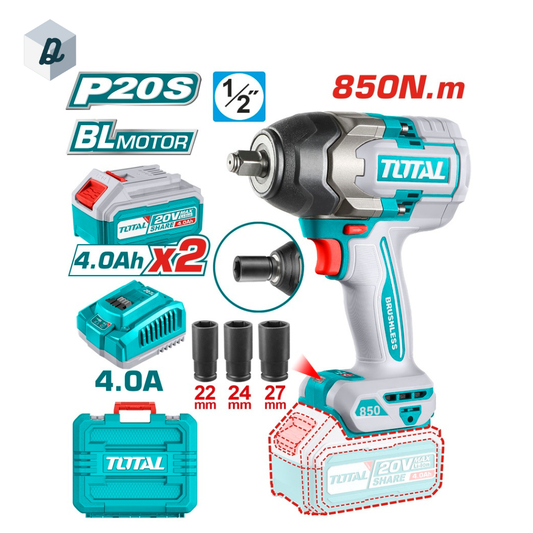 Clé à chocs sans fil avec batterie Li-ion 20 V / 4 Ah / 850 Nm / 2 batteries TOTAL | TIWLI2085