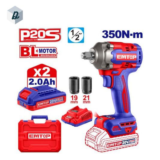 Clé à Choc Sans Fil 20V 350Nm avec 2 Batteries & Chargeur EMTOP | ECIWL2035