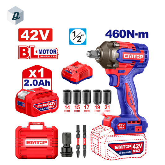 Clé à Choc Sans Fil Brushless 42V 460Nm avec Batterie & Chargeur EMTOP | ECIWL42461