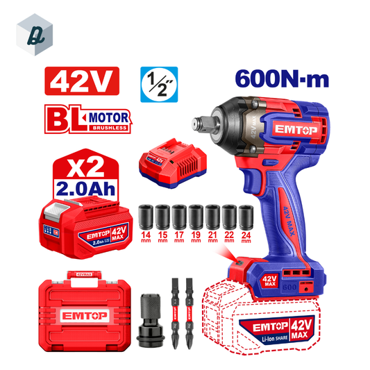 Clé à Choc Sans Fil Brushless 42V 600Nm avec 2 Batteries & Chargeur EMTOP | ECIWL42602