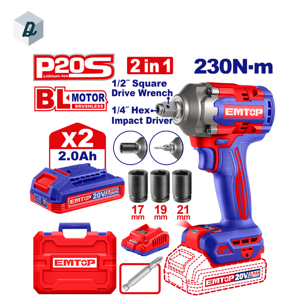 Boulonneuse et Visseuse à Chocs 2EN1 Sans Fil Brushless 20V 230Nm EMTOP | ECIWL20236
