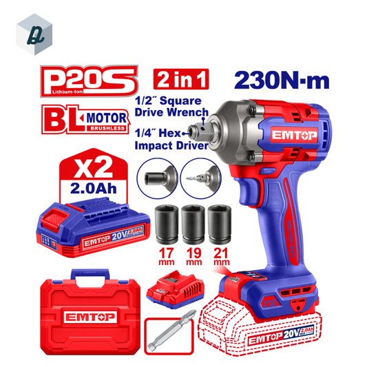 Boulonneuse et Visseuse à Chocs 2EN1 Sans Fil Brushless 20V 230Nm EMTOP | ECIWL20236