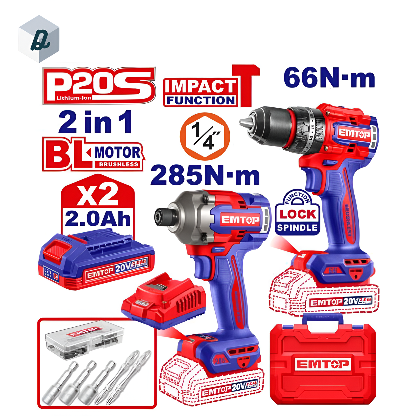 Kit Sans Fil 20V Visseuse + Clé à Choc avec 2 Batteries & Chargeur EMTOP | ECKL20277