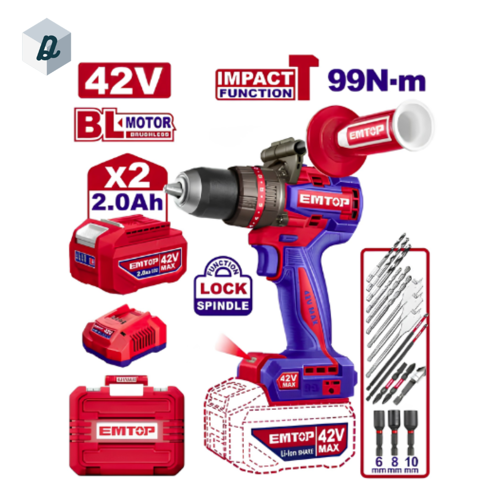 Visseuse et Perceuse à Percussion Sans Fil Brushless 42V 99Nm avec 2 Batteries & Chargeur EMTOP | ECIDL429982