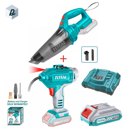 Kit Ultime d’Entretien Auto – Compresseur & Aspirateur Sans Fil avec Batterie 20V TOTAL | TT01245