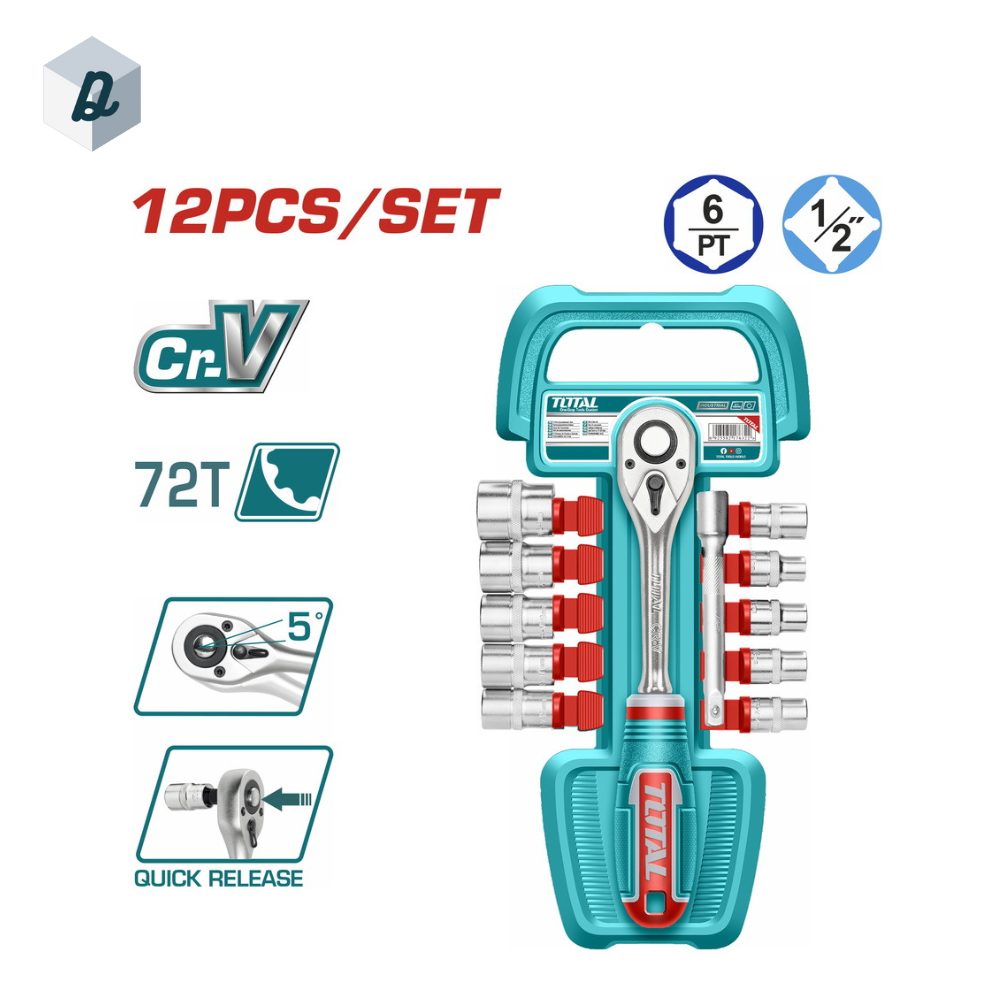 Clé à Cliquet 1/2" et Douilles et Rallenge, 12PCS en Acier, TOTAL | THT141121