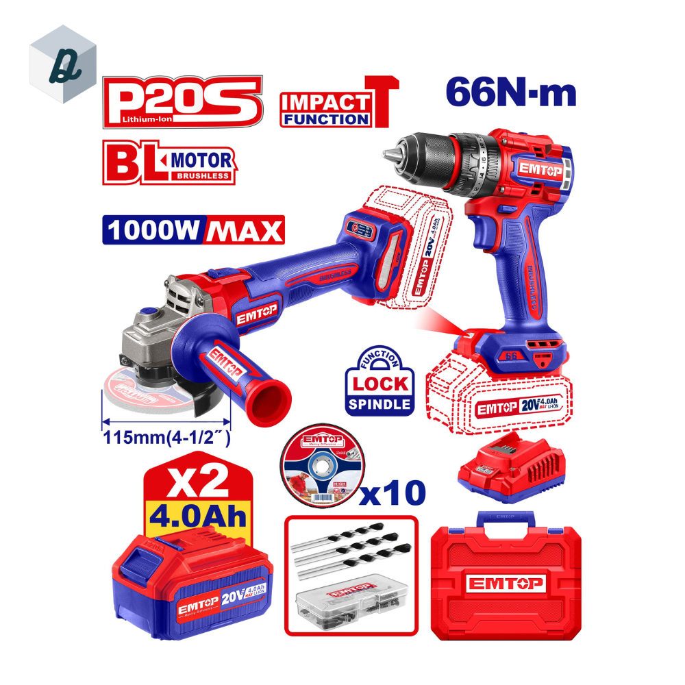 Kit de Visseuse et Melleuse d’angle 4.0AH BRUSHLESS 20V EMTOP | ECKL20273