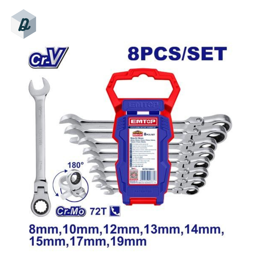 Jeu de 8 clés à cliquet flexibles EMTOP | ECSS10803