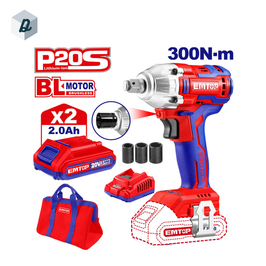 Clé à Chocs 20 V Avec 2 Batterie 2.0Ah Et Chargeur Avec 3 douilles EMTOP | ECDLIW20221