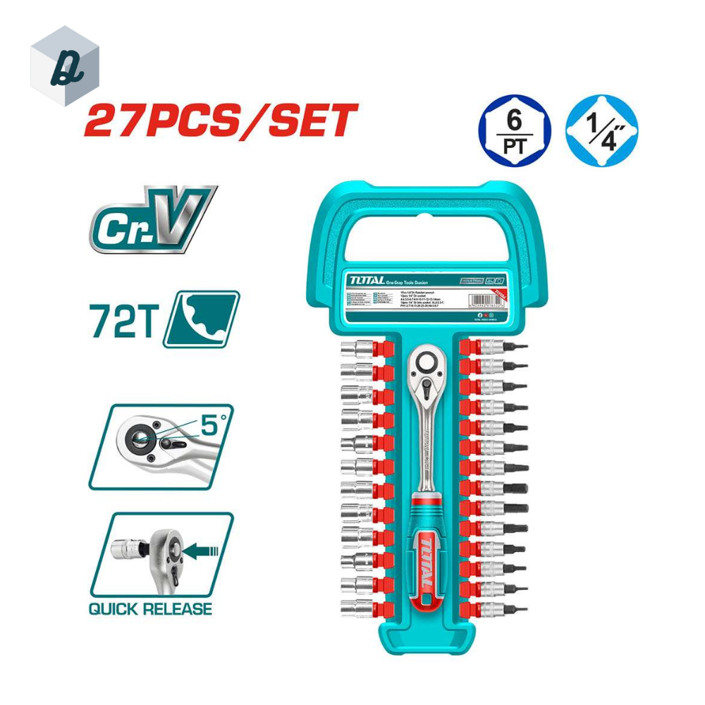 Kit de Douilles et Embouts avec Clé à Cliquet 1/4", 27 pièces TOTAL | THT141271