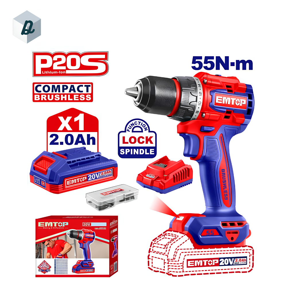 Perceuse Visseuse Sans Fil Brushless 20V avec 1 Batterie & Chargeur EMTOP | ECDL205582