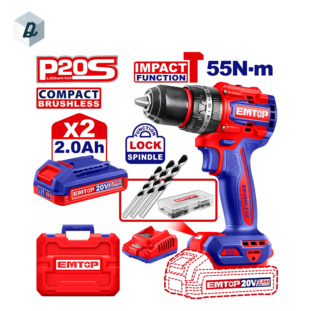 Visseuse et Perceuse à Percussion Sans Fil Brushless 20V avec 2 Batteries & Chargeur EMTOP | ECIDL20558