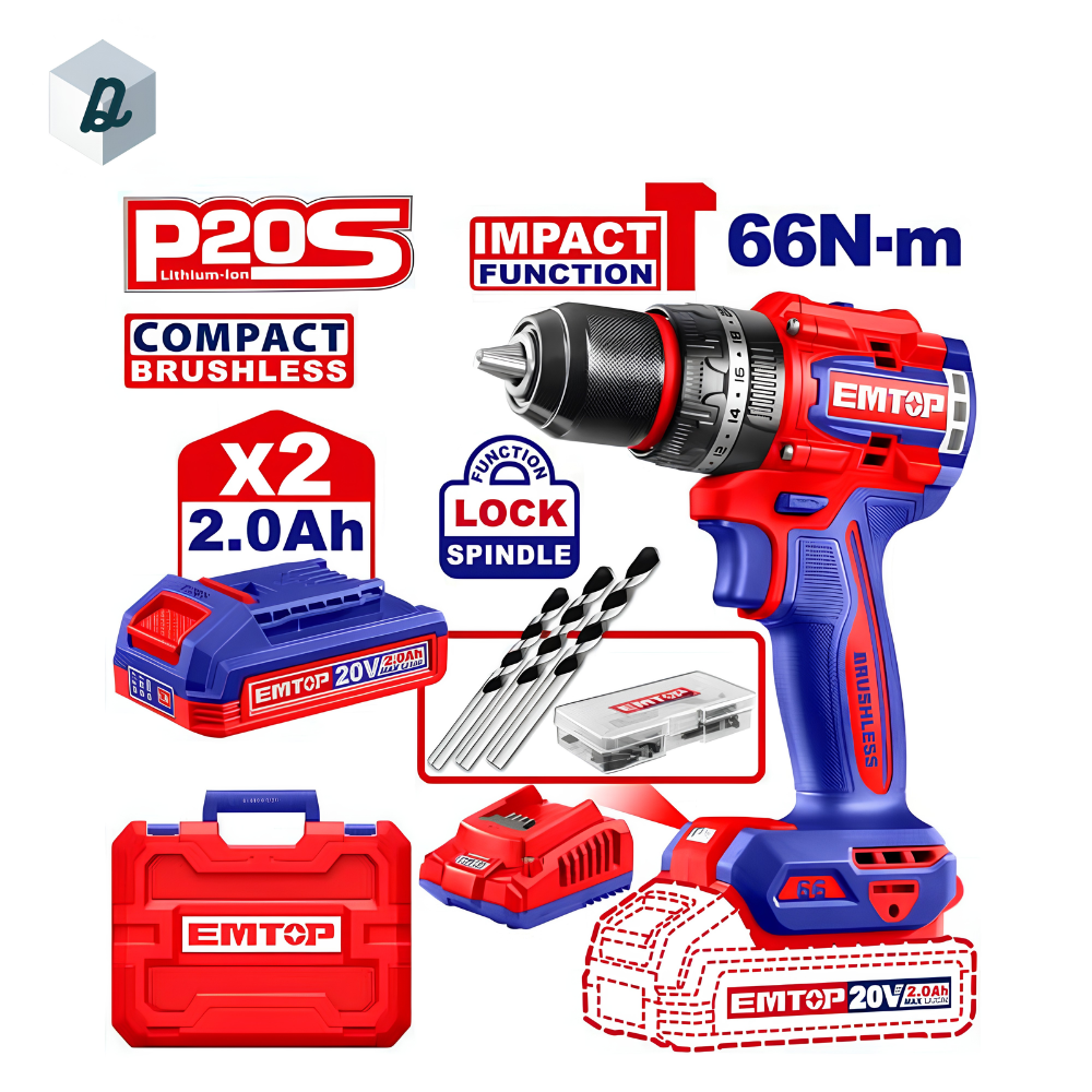 Visseuse et Perceuse à Percussion 66nm Sans Fil Brushless 20V avec 2 Batteries & Chargeur EMTOP | ECIDL20668