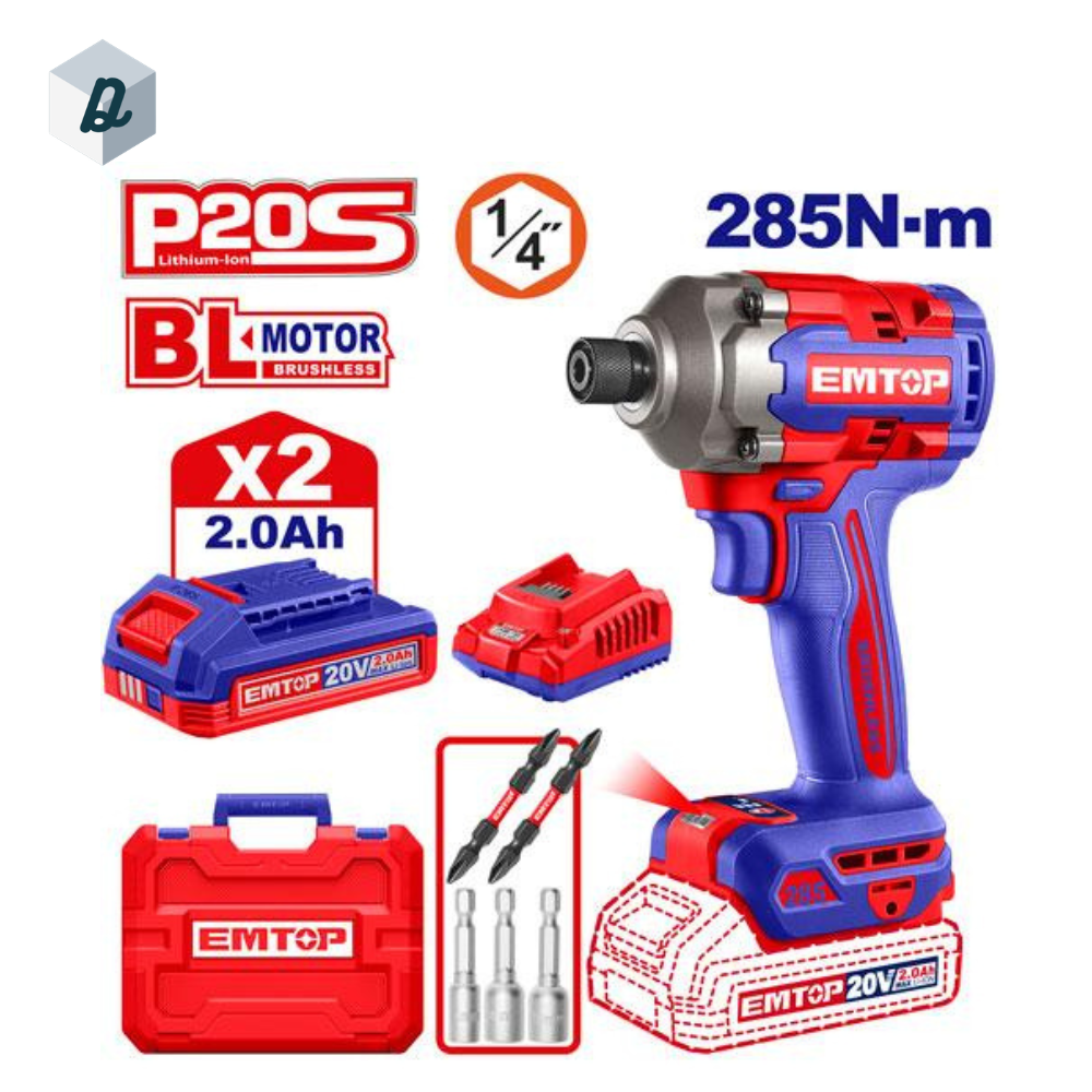 Visseuse à Chocs Sans Fil 20V 285Nm Brushless avec 2 Batteries & Chargeur EMTOP | ECIRL2028