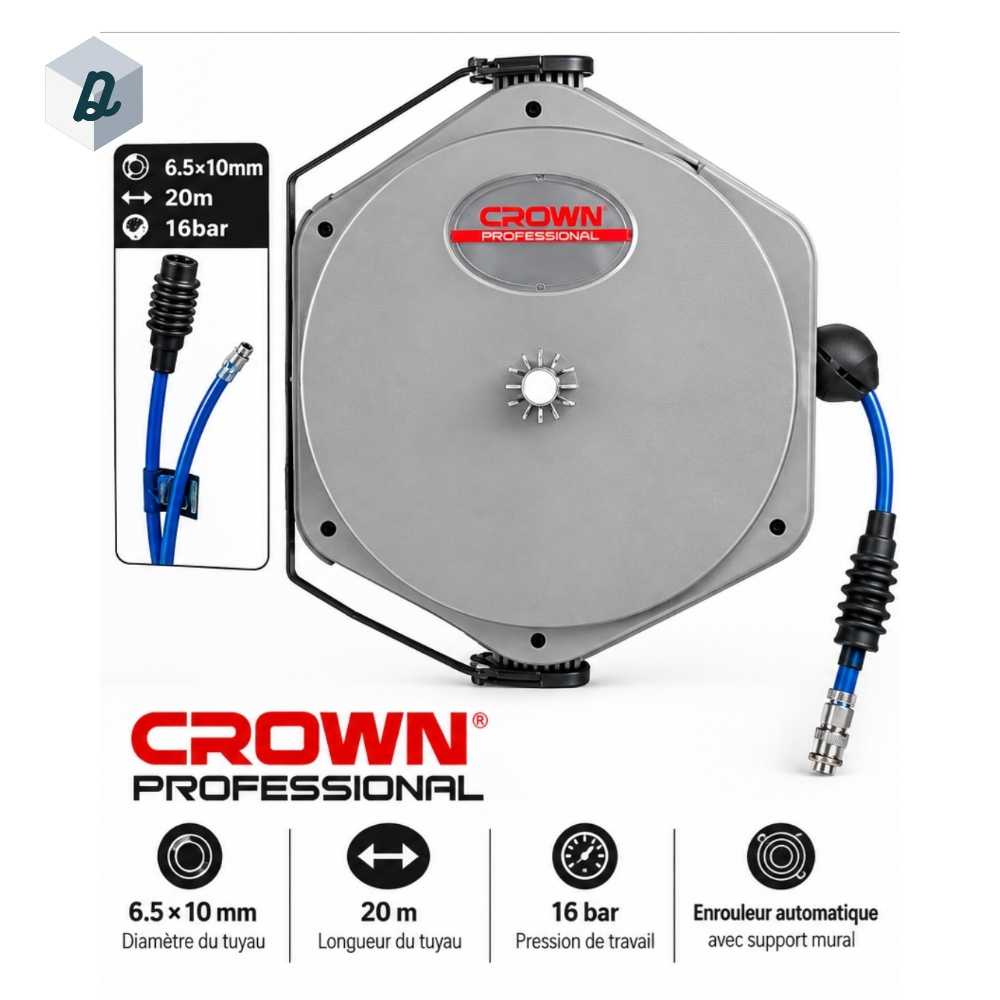 CROWN Professional Enrouleur de tuyau d’air comprimé automatique 20 m, 16 bar | CTHRP0002