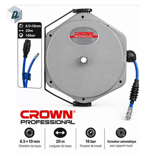 CROWN Professional Enrouleur de tuyau d’air comprimé automatique 20 m, 16 bar | CTHRP0002